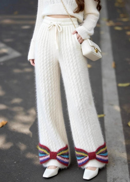 Pantalones de punto con cintura elástica y lazo con bolsillos blancos franceses para primavera