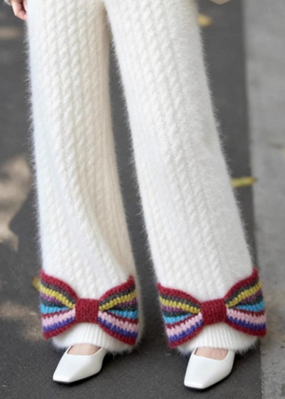 Pantalones de punto con cintura elástica y lazo con bolsillos blancos franceses para primavera