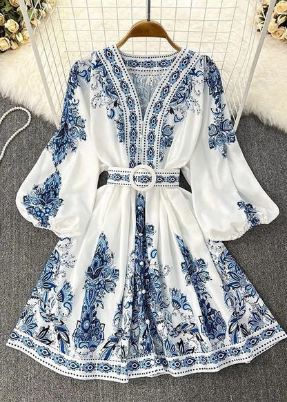 French White Print Cotton Tunic Dress Lantern Sleeve