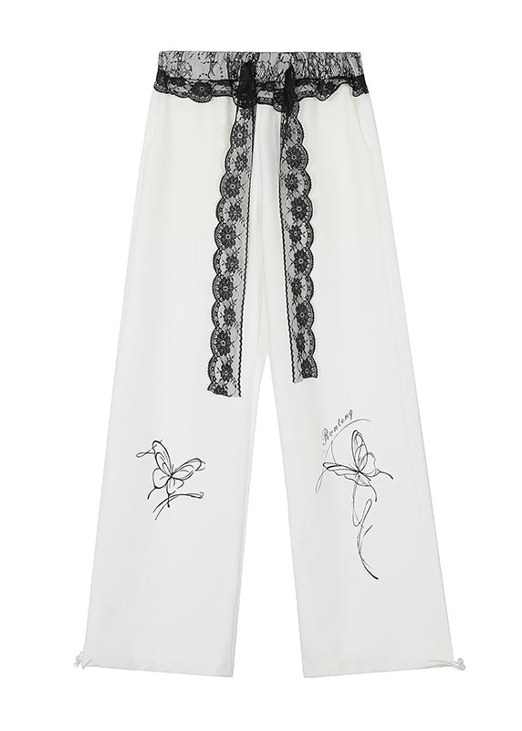 French White Print Patchwork Lace Wide Leg Pants Fall
