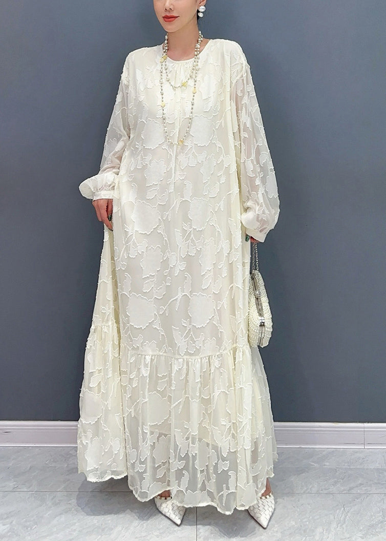 French White Print Patchwork Tulle Long Dress Fall