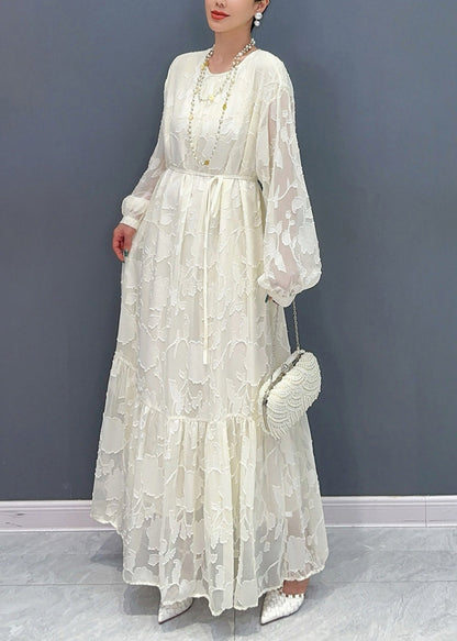 French White Print Patchwork Tulle Long Dress Fall
