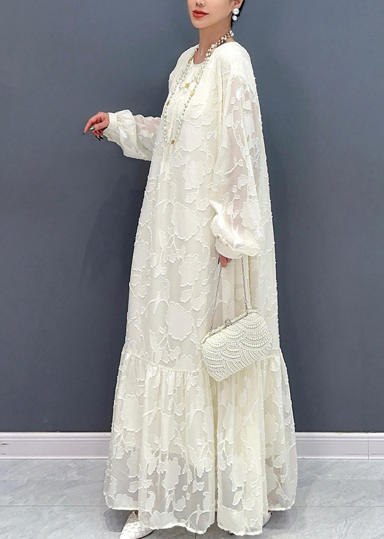 French White Print Patchwork Tulle Long Dress Fall