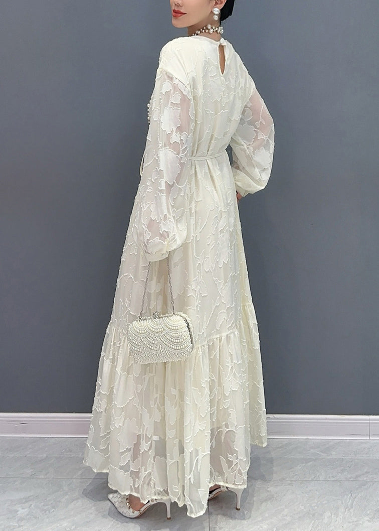 French White Print Patchwork Tulle Long Dress Fall