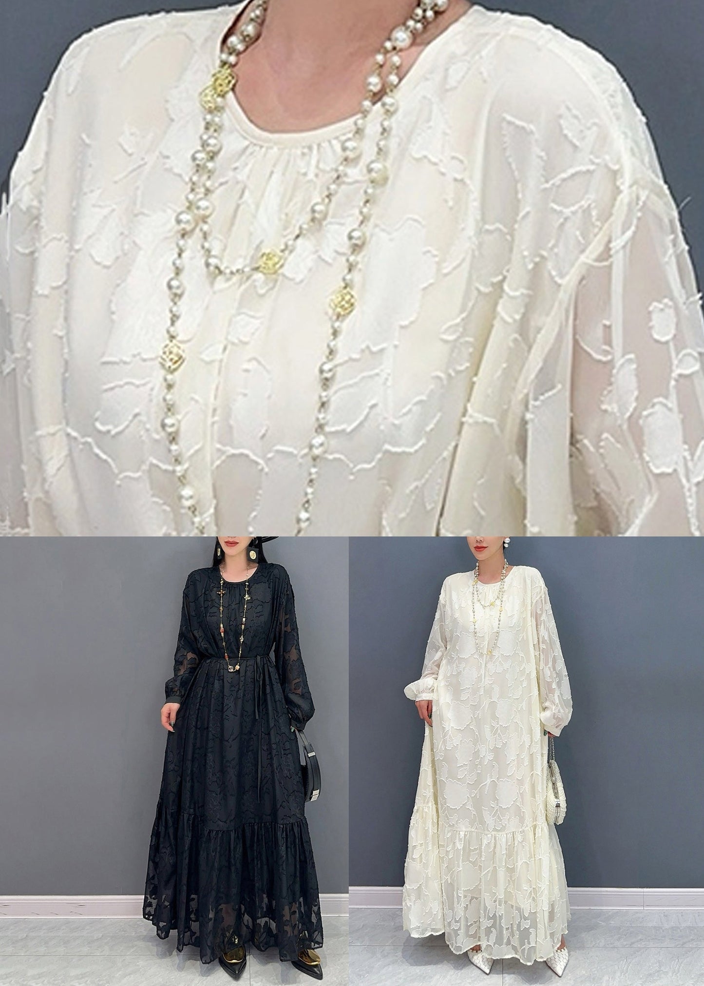 French White Print Patchwork Tulle Long Dress Fall