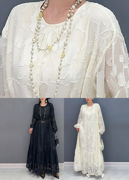 French White Print Patchwork Tulle Long Dress Fall