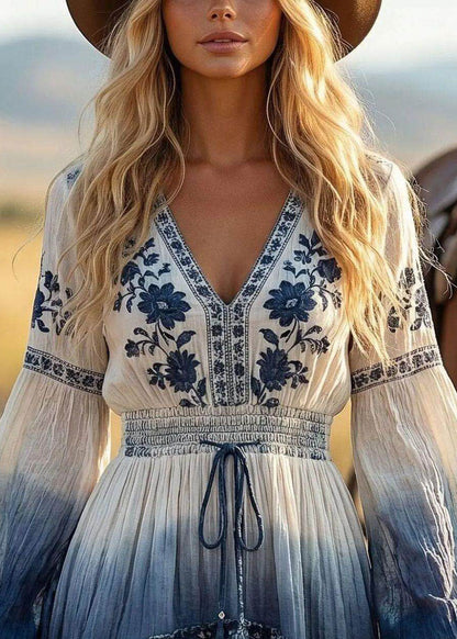 French White Print V Neck TasselCotton Tea Dress Long Sleeve