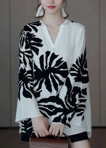 French White Print Wrinkled Shirt Batwing Sleeve