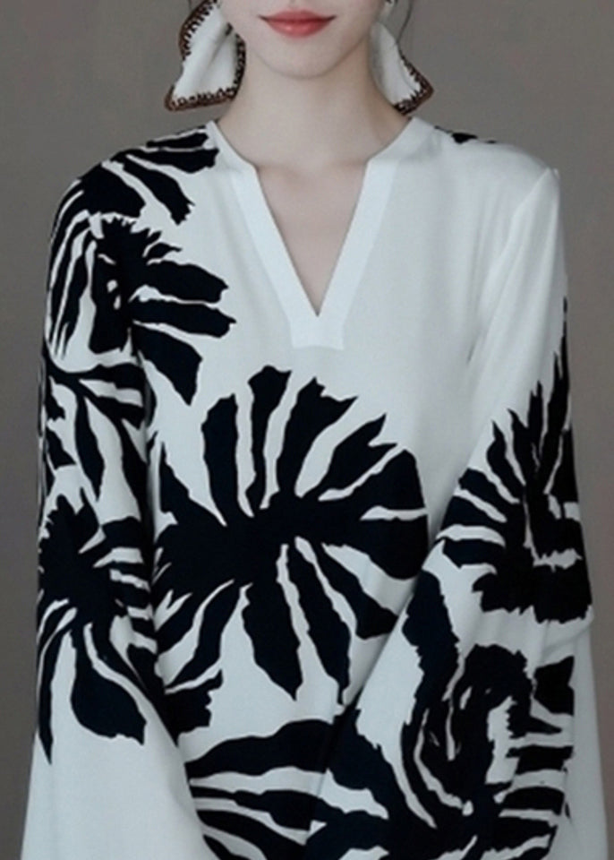 French White Print Wrinkled Shirt Batwing Sleeve