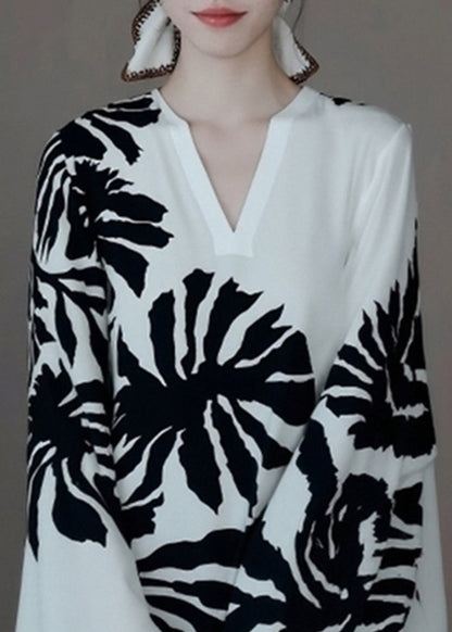 French White Print Wrinkled Shirt Batwing Sleeve