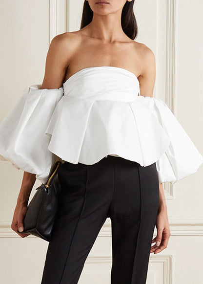 Französisches weißes Puffärmel-Top aus zerknitterter Baumwolle, Frühling