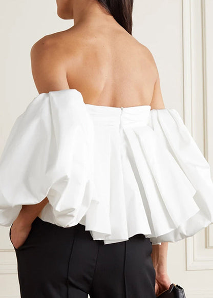 Französisches weißes Puffärmel-Top aus zerknitterter Baumwolle, Frühling