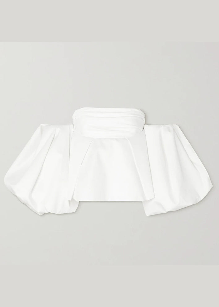 Französisches weißes Puffärmel-Top aus zerknitterter Baumwolle, Frühling