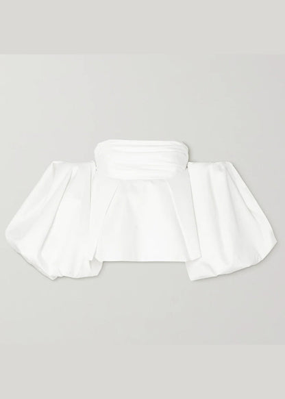 Französisches weißes Puffärmel-Top aus zerknitterter Baumwolle, Frühling