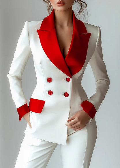 French White Red Colorblock Notched Double Breast Jacket Long Sleeve