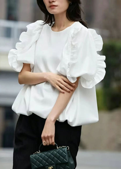French White Ruffled Cotton Shirt Top Summer