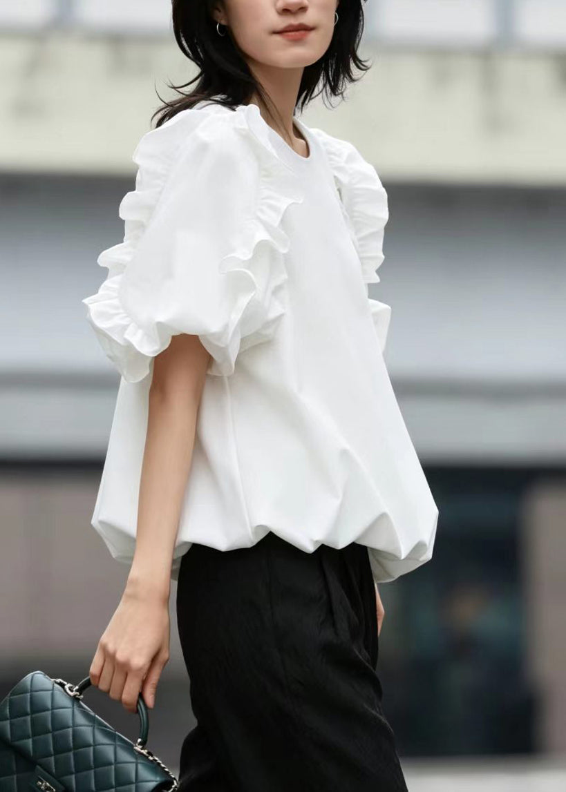 French White Ruffled Cotton Shirt Top Summer