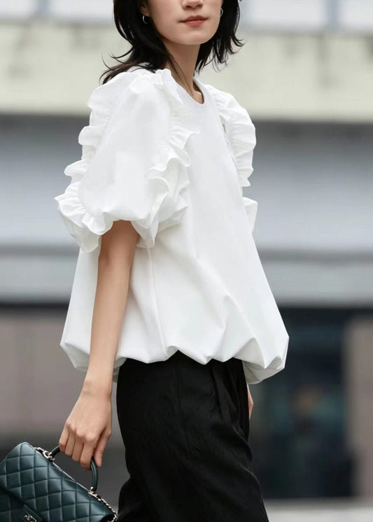 French White Ruffled Cotton Shirt Top Summer