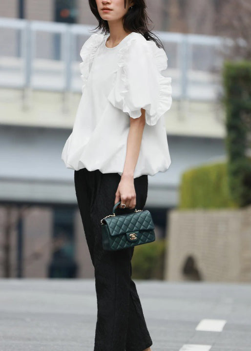 French White Ruffled Cotton Shirt Top Summer