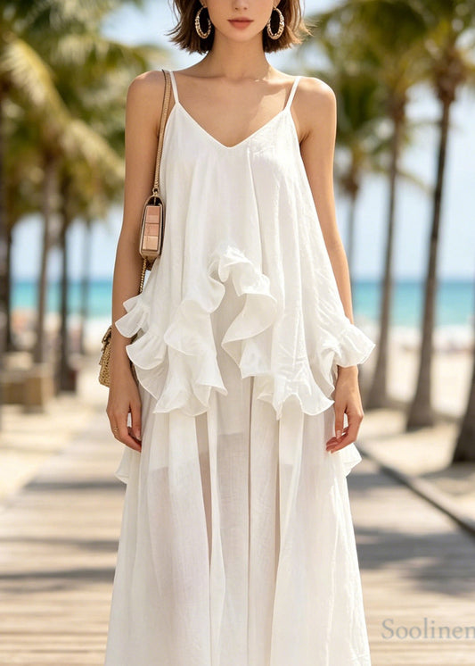 French White Ruffled False Two Pieces Cotton Spaghetti Strap Dresses Summer