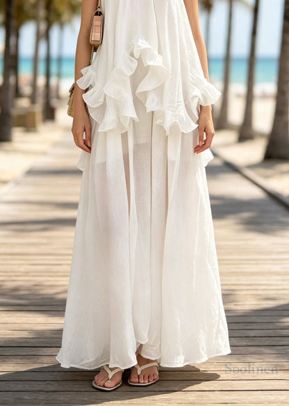 French White Ruffled False Two Pieces Cotton Spaghetti Strap Dresses Summer
