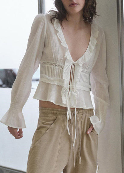 French White Ruffled Lace Up Patchwork Cotton Top Long Sleeve
