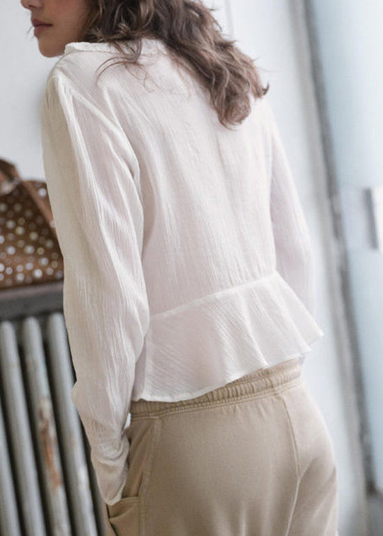 French White Ruffled Lace Up Patchwork Cotton Top Long Sleeve