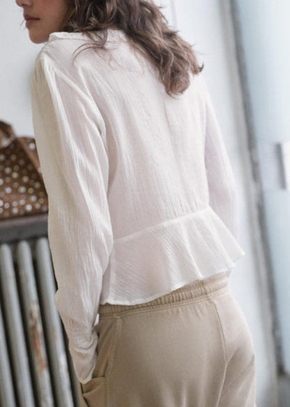 French White Ruffled Lace Up Patchwork Cotton Top Long Sleeve