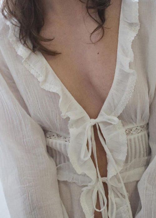 French White Ruffled Lace Up Patchwork Cotton Top Long Sleeve