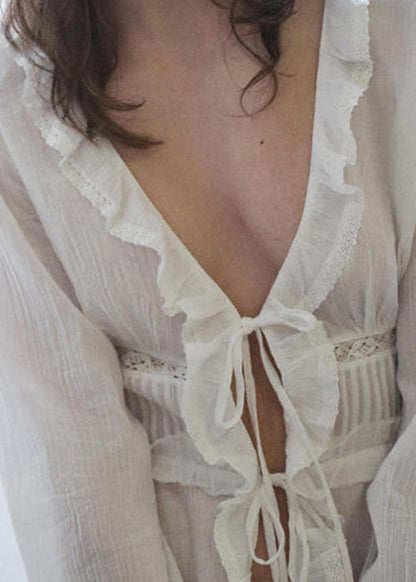 French White Ruffled Lace Up Patchwork Cotton Top Long Sleeve