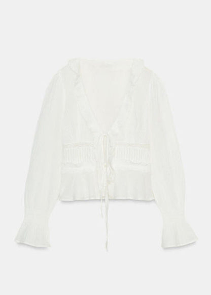 French White Ruffled Lace Up Patchwork Cotton Top Long Sleeve