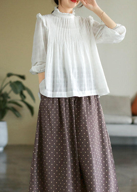 Camisa francesa blanca de algodón con volantes y patchwork, manga larga