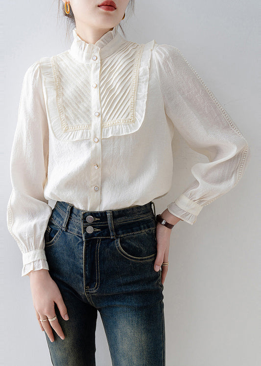 French White Ruffled Patchwork Wrinkled Chiffon Shirt Tops Spring