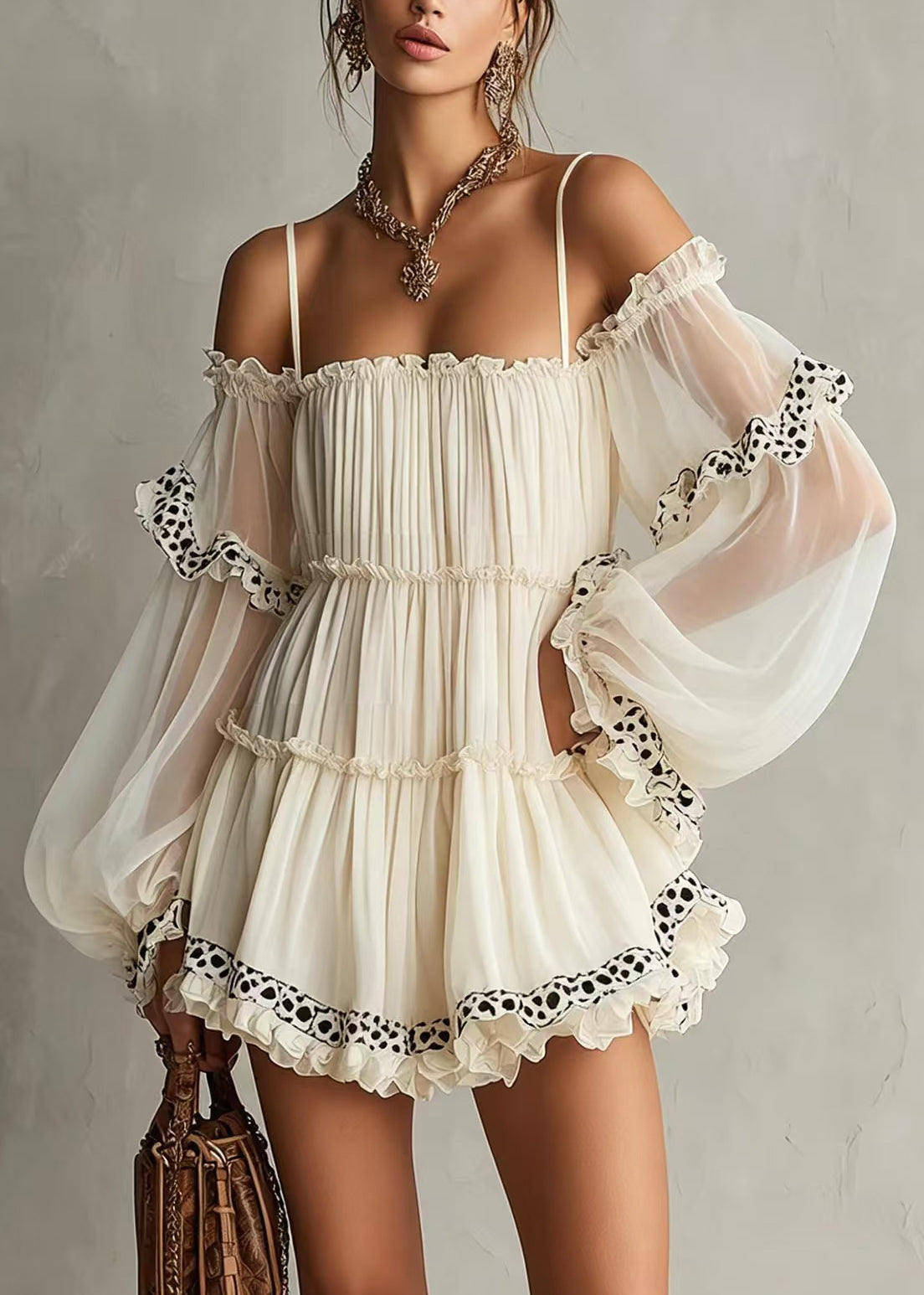 French White Ruffled Print Slash Neck Wrinkled Mini Dress Summer