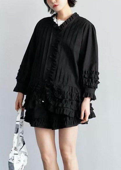 Conjunto de dos piezas de camisa y pantalones cortos franceses de algodón blanco con volantes para primavera.