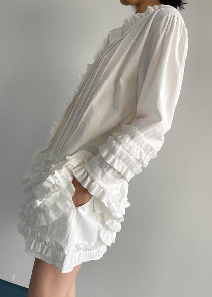 Conjunto de dos piezas de camisa y pantalones cortos franceses de algodón blanco con volantes para primavera.