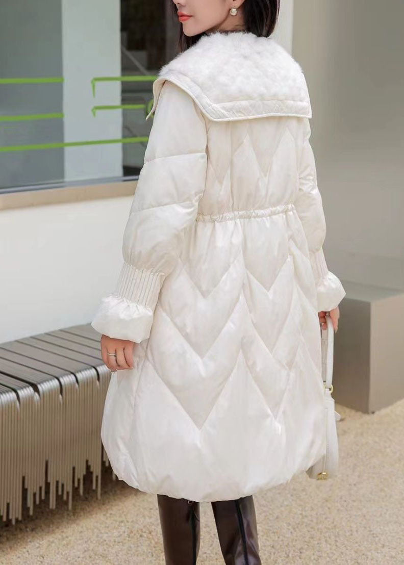 Parka larga de invierno francesa blanca con cuello marinero y bolsillos de patchwork