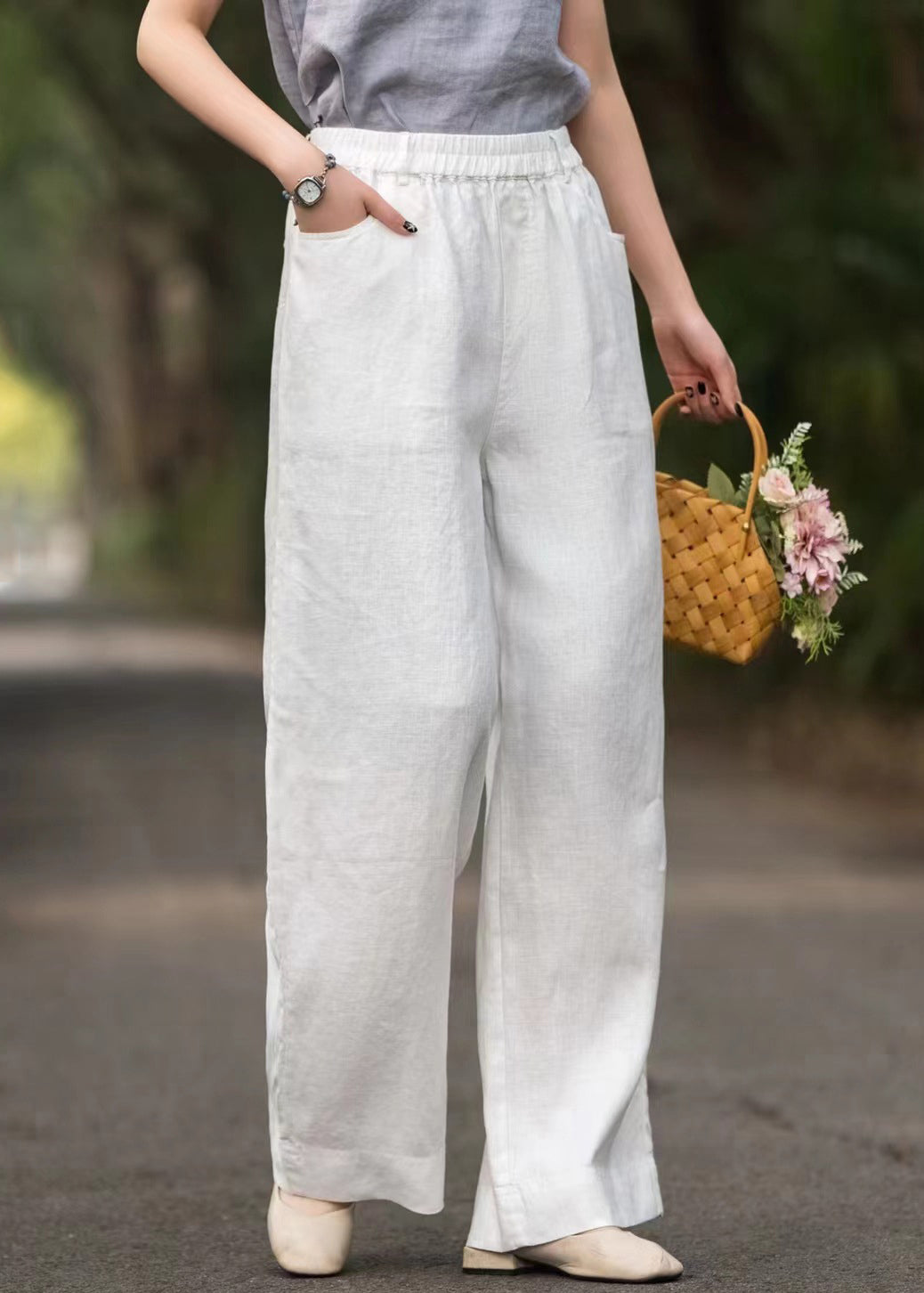 French White Solid Elastic Waist Loose Linen Wide Leg Pants