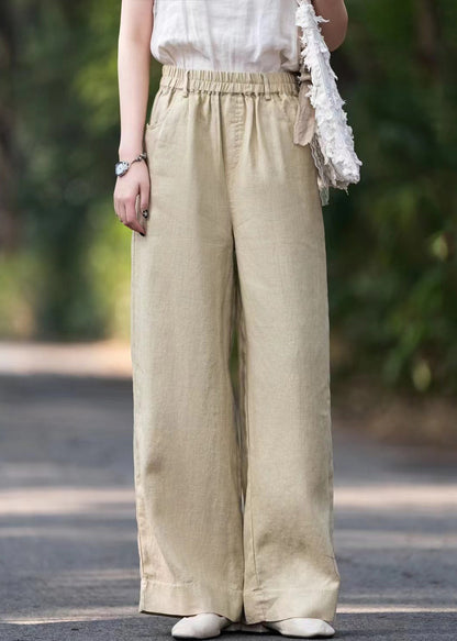French White Solid Elastic Waist Loose Linen Wide Leg Pants