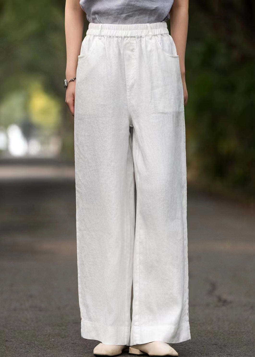 French White Solid Elastic Waist Loose Linen Wide Leg Pants