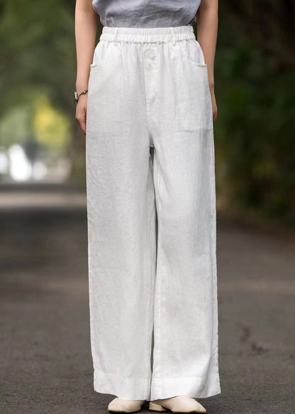 French White Solid Elastic Waist Loose Linen Wide Leg Pants