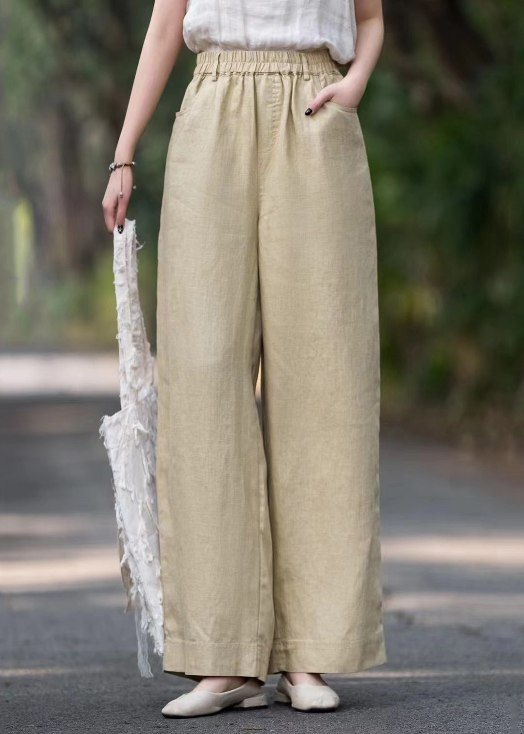 French White Solid Elastic Waist Loose Linen Wide Leg Pants