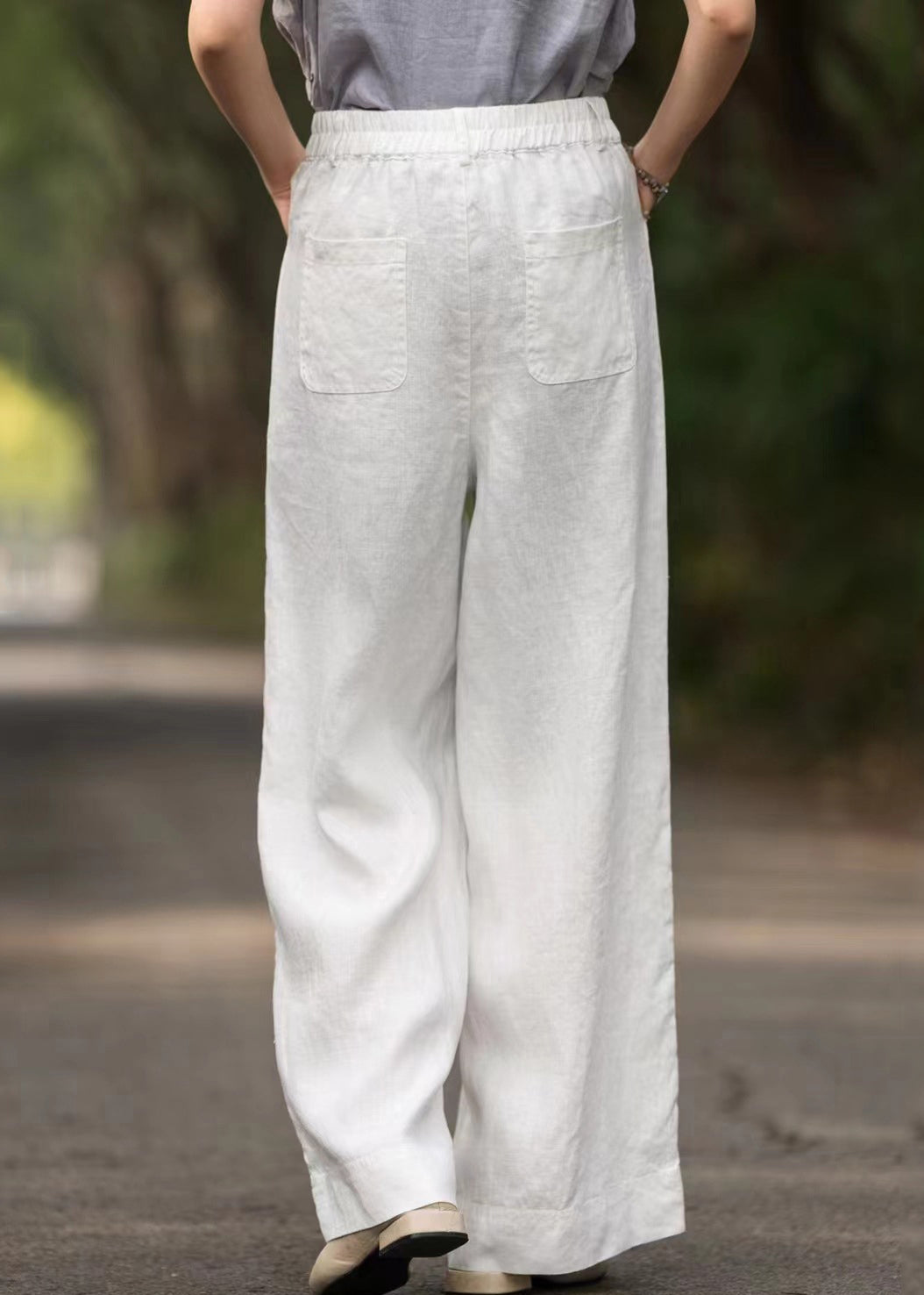 French White Solid Elastic Waist Loose Linen Wide Leg Pants