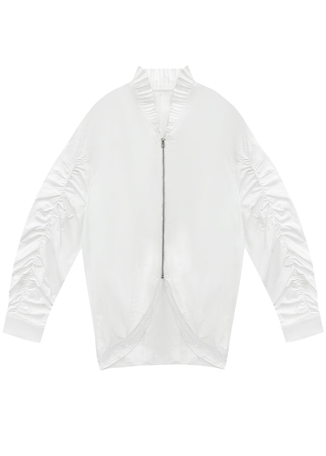 Französisches weißes Hemd mit Stehkragen, gerafftem Patchwork-Design, Reißverschluss und Fledermausärmeln