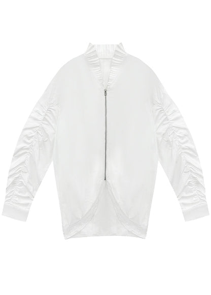 Französisches weißes Hemd mit Stehkragen, gerafftem Patchwork-Design, Reißverschluss und Fledermausärmeln