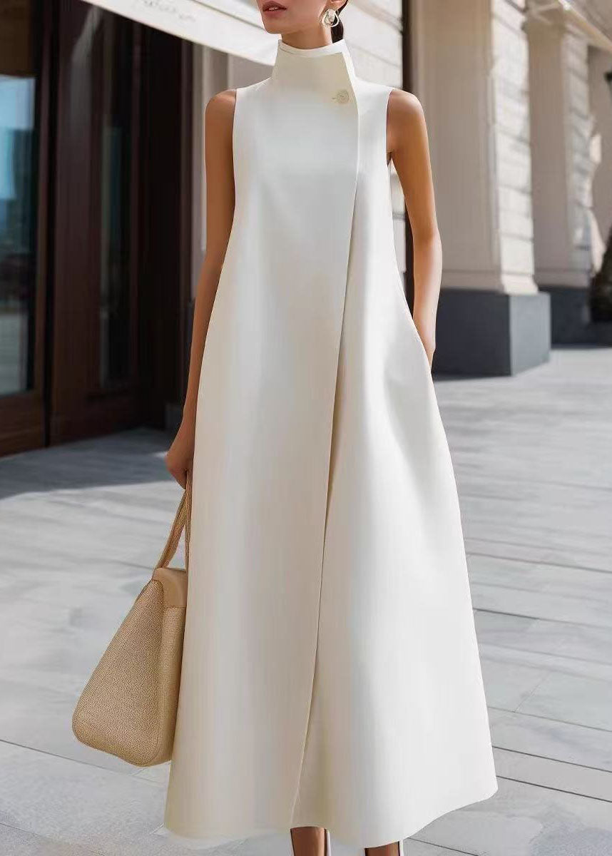 French White Stand Collar Vacation Dresses Sleeveless