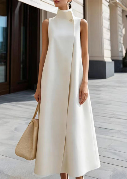 French White Stand Collar Vacation Dresses Sleeveless
