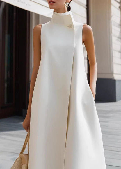 French White Stand Collar Vacation Dresses Sleeveless