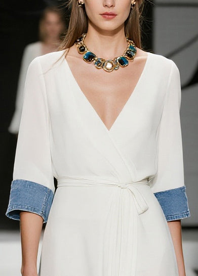 French White Tie Waist Denim Patchwork Chiffon Day Dress Summer