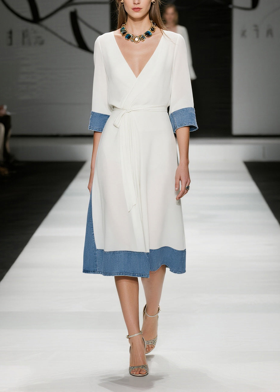 French White Tie Waist Denim Patchwork Chiffon Day Dress Summer